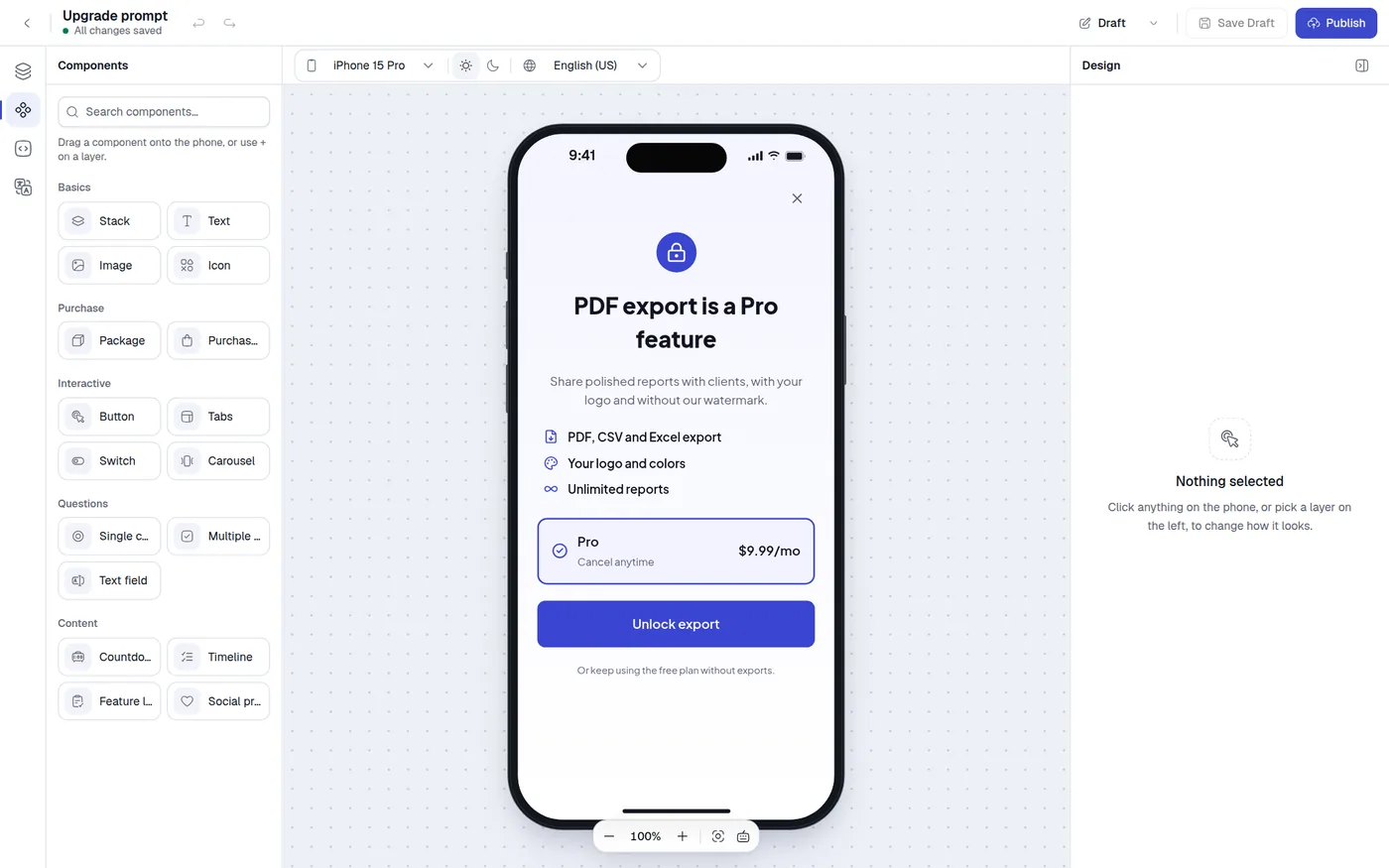 The Components panel lists everything you can add.