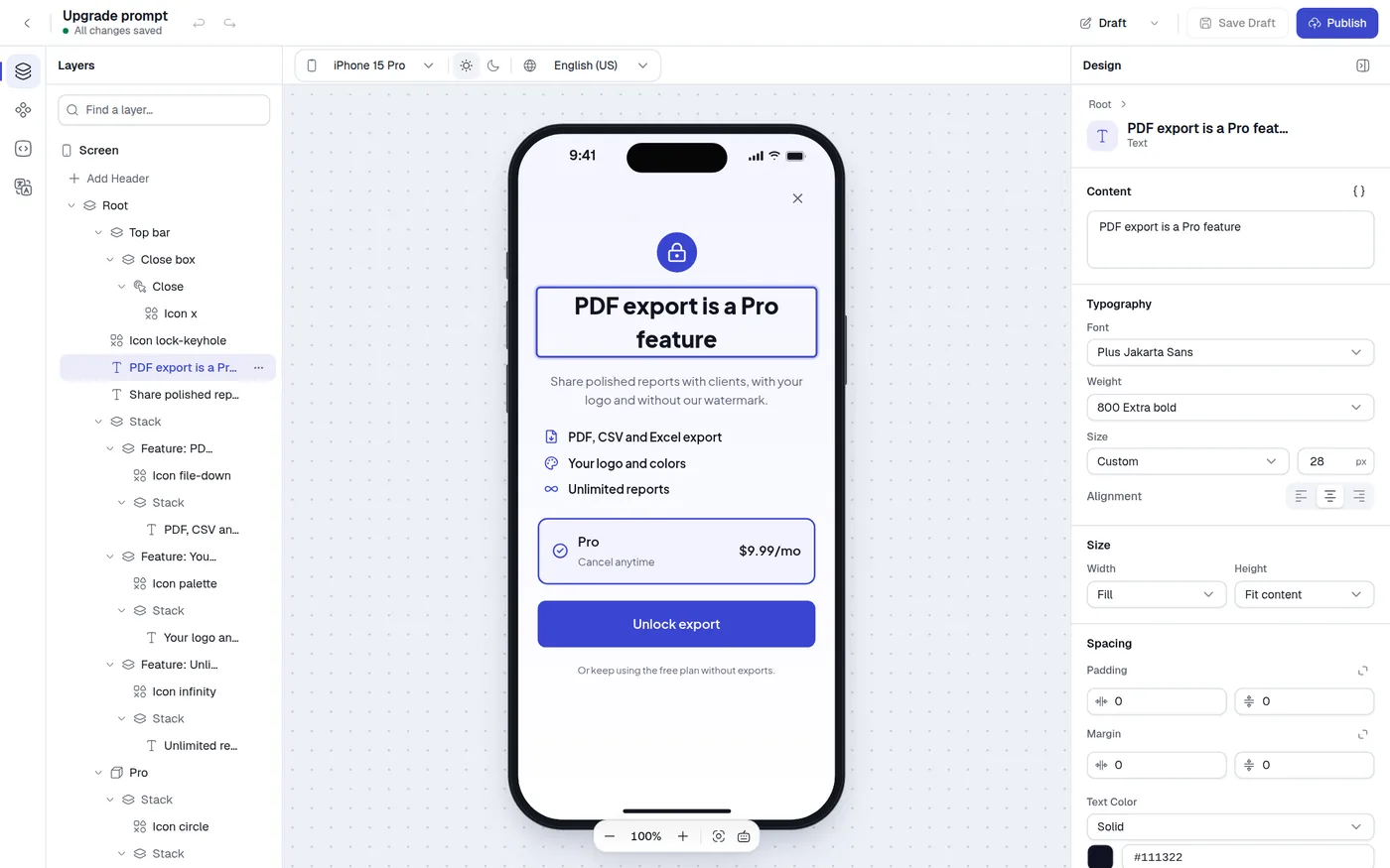 Selecting a layer shows its settings in the Design panel.