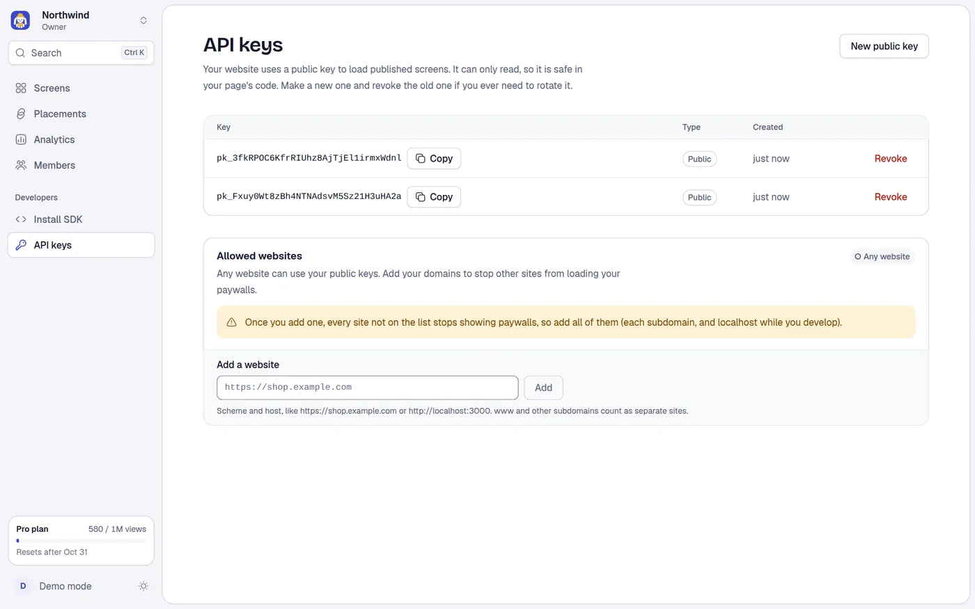 The API keys page.