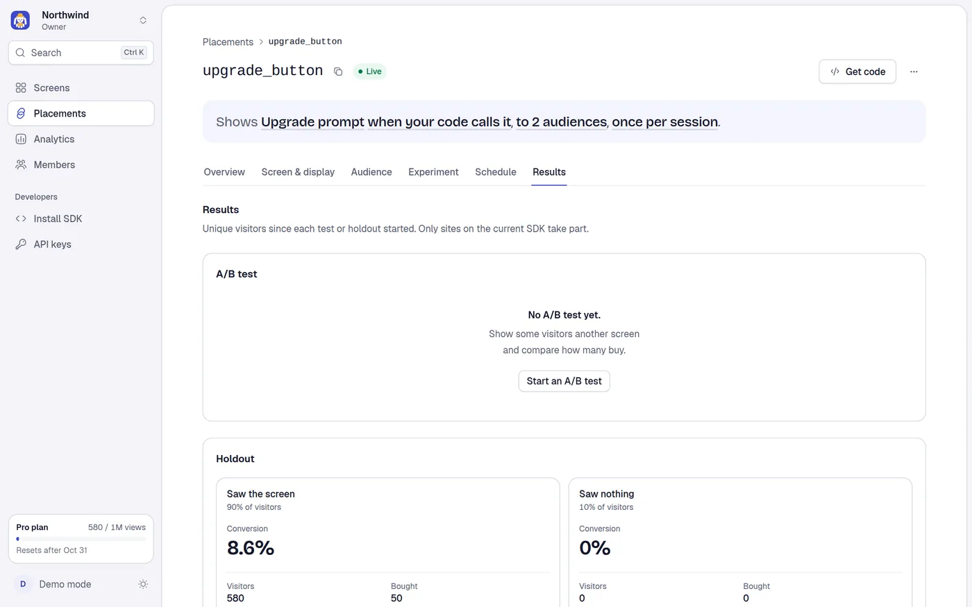 The Results tab of a placement.