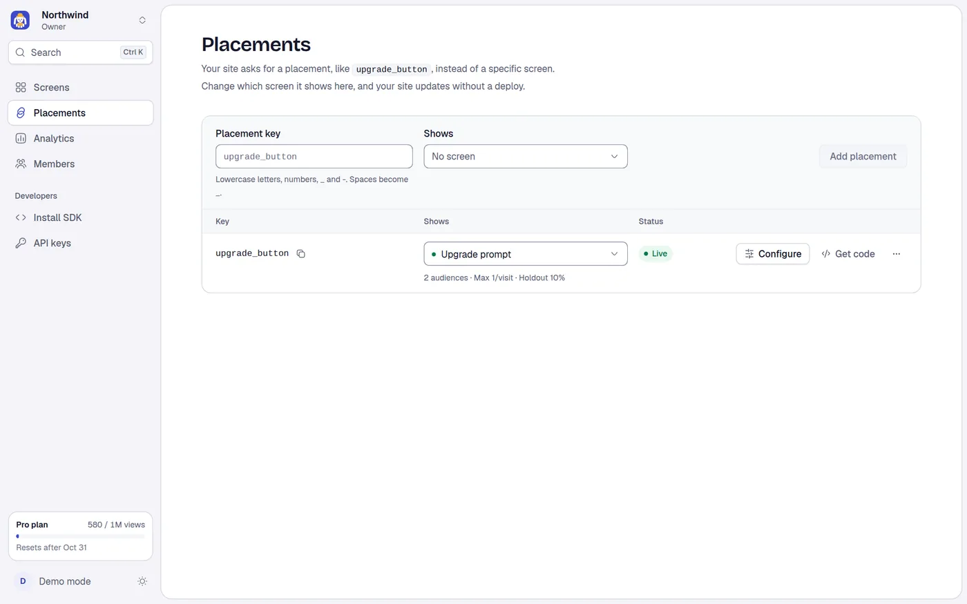 The Placements page lists every placement in the project.