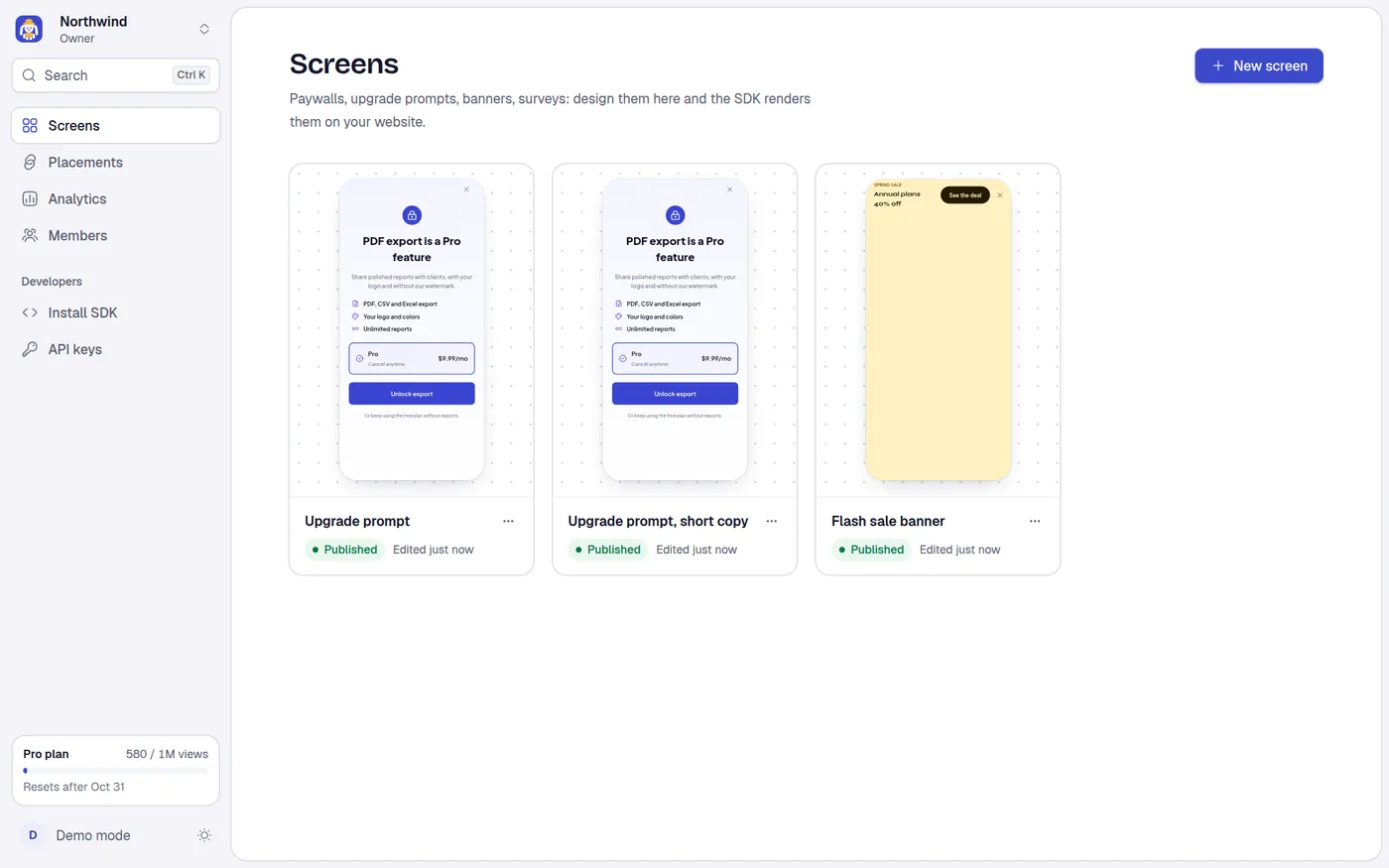 The Screens page lists every screen in the project.