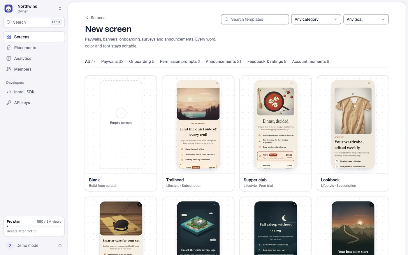 The template gallery on the New screen page.