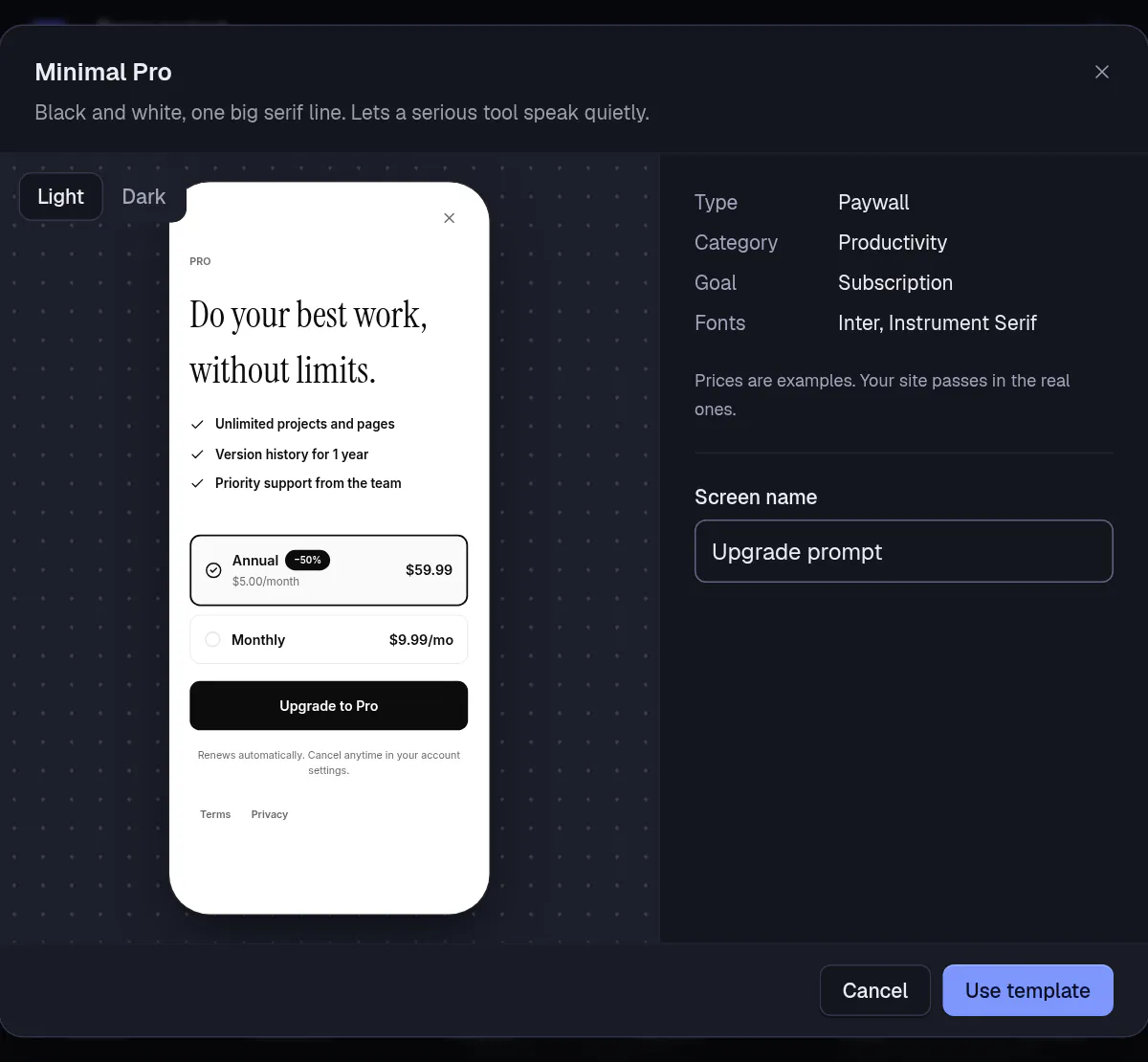 The Minimal Pro template box over the New screen page: a phone preview with Light and Dark, the template details, a Screen name field holding Upgrade prompt and a Use template button.