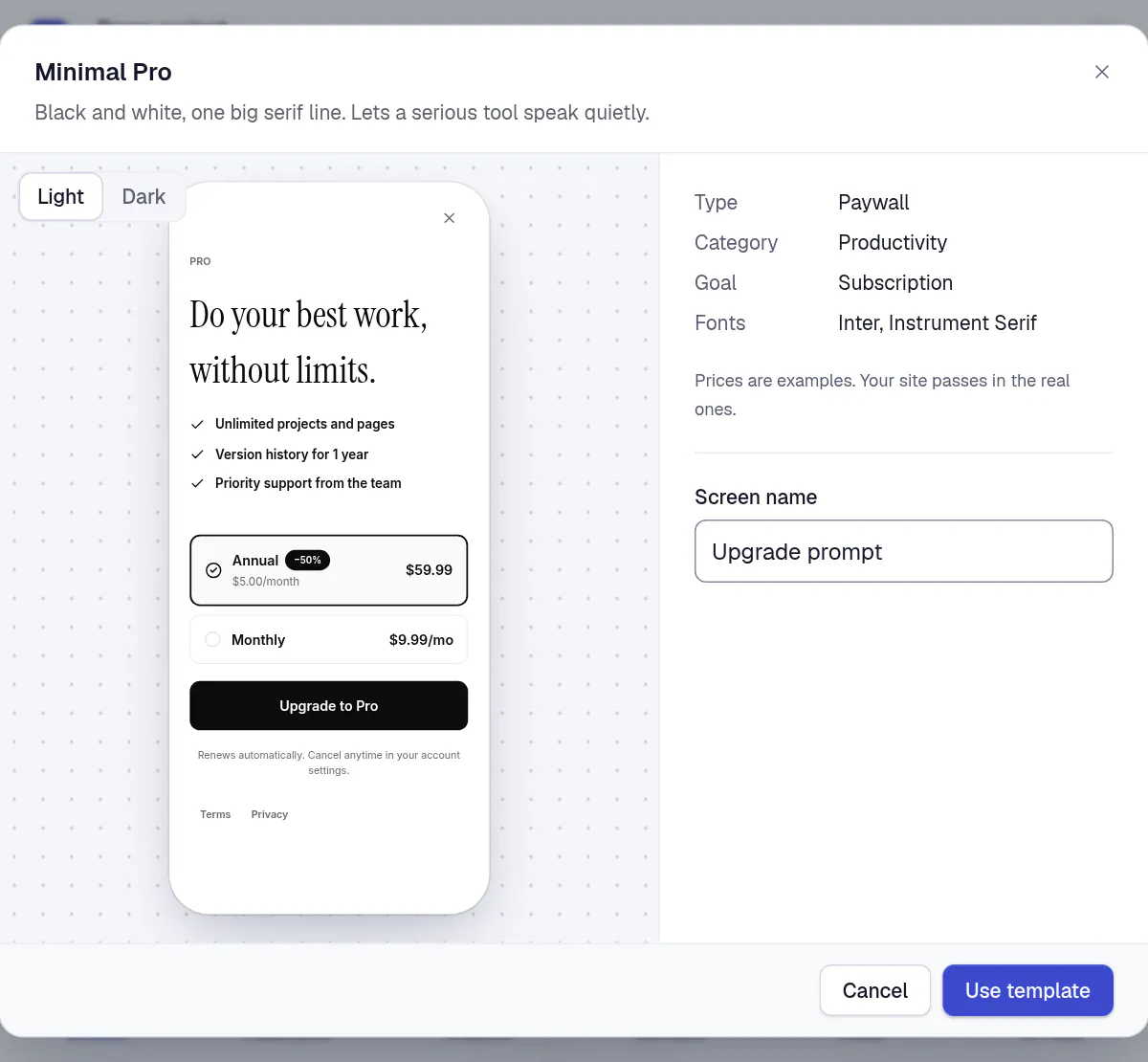 The Minimal Pro template box over the New screen page: a phone preview with Light and Dark, the template details, a Screen name field holding Upgrade prompt and a Use template button.