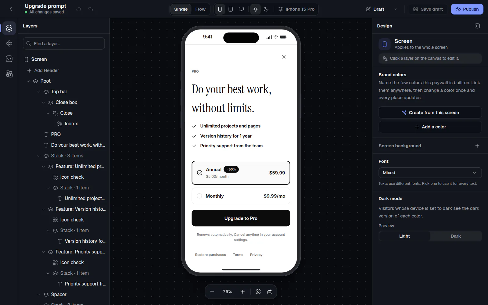 The editor with a template open: the left panel with Layers, the phone preview in the middle, the Design panel on the right, and the top bar with Undo, Redo, Save draft and Publish.