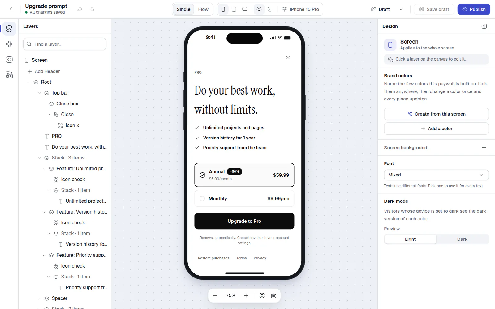 The editor with a template open: the left panel with Layers, the phone preview in the middle, the Design panel on the right, and the top bar with Undo, Redo, Save draft and Publish.