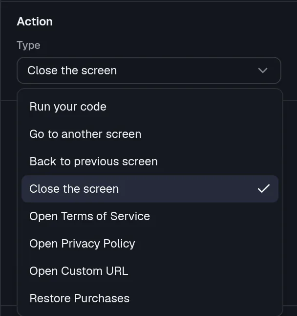 The Design panel for a selected button with the Type list open, showing Run your code, Go to another screen, Back to previous screen, Close the screen and more.