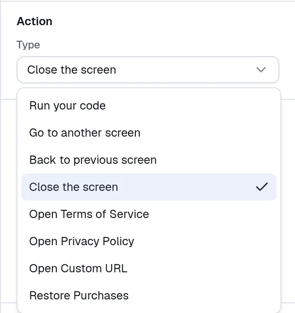 The Design panel for a selected button with the Type list open, showing Run your code, Go to another screen, Back to previous screen, Close the screen and more.