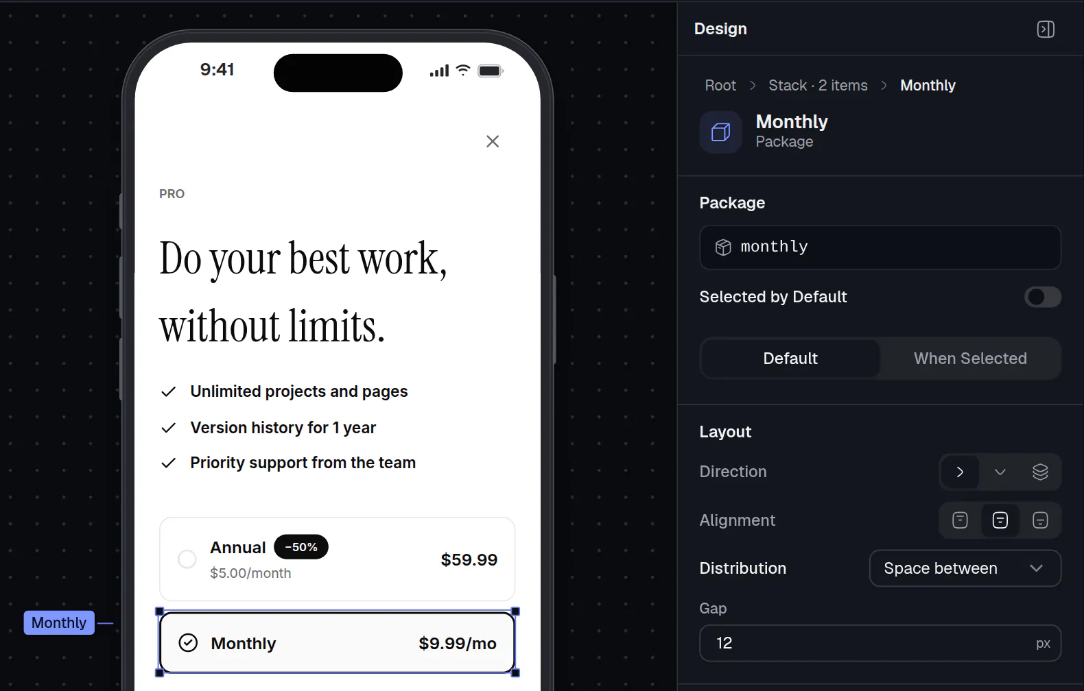 The Monthly plan card selected on the phone preview, with the Design panel showing the Package section and the package ID monthly.