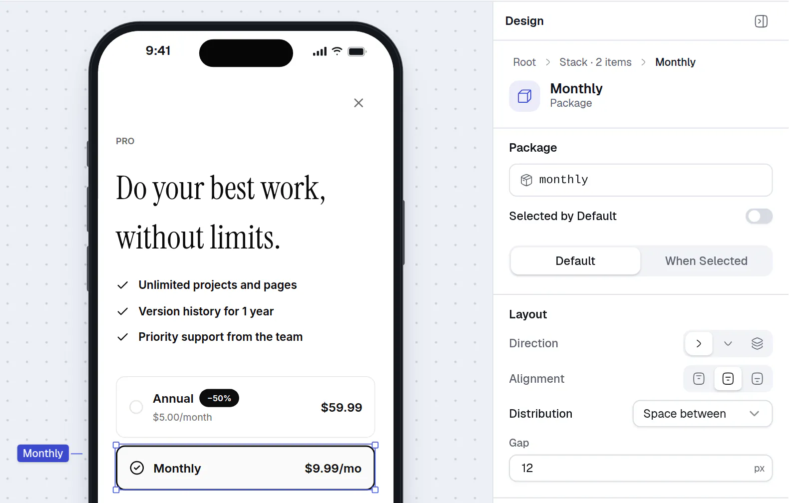 The Monthly plan card selected on the phone preview, with the Design panel showing the Package section and the package ID monthly.