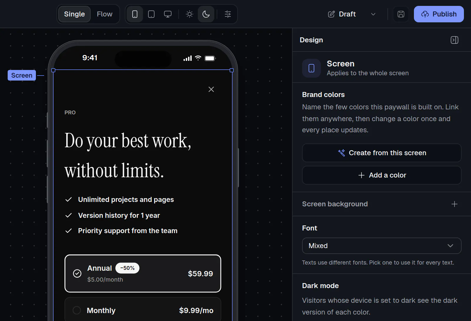 The editor with the preview switched to dark: the phone shows the dark version of the screen and the moon button above the canvas is on.