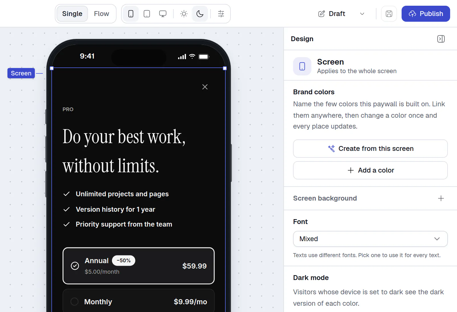 The editor with the preview switched to dark: the phone shows the dark version of the screen and the moon button above the canvas is on.