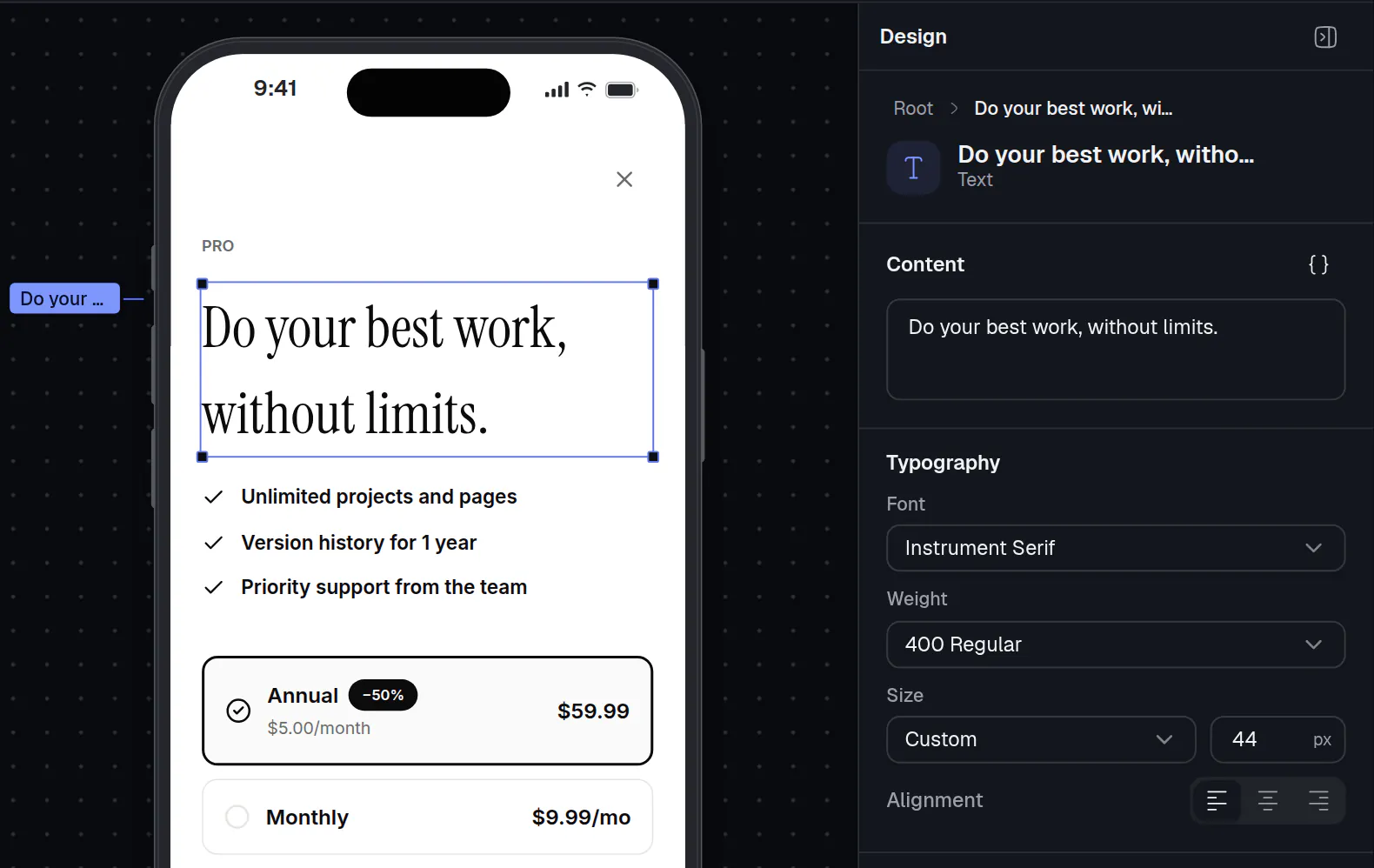 A headline selected on the phone preview, with the Design panel on the right showing the Content box and the Typography settings of that text.