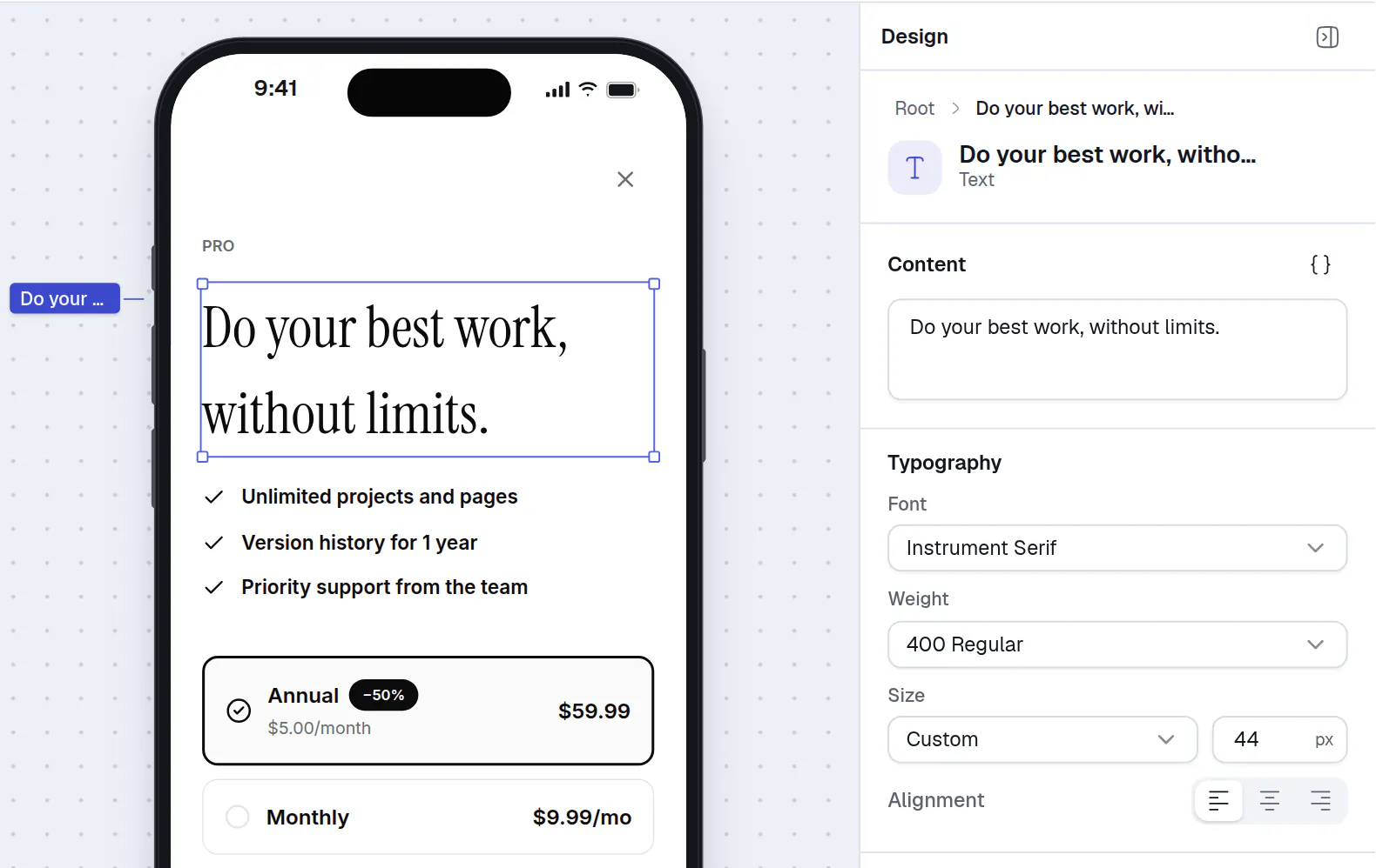 A headline selected on the phone preview, with the Design panel on the right showing the Content box and the Typography settings of that text.