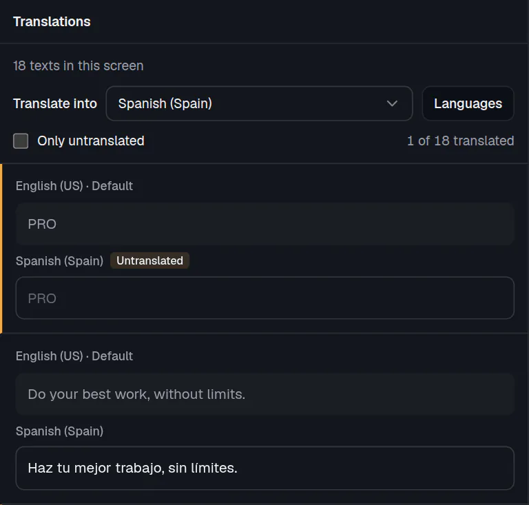 The Translations tab with Spanish (Spain) chosen: each text shows its English original above a box for the translation, the second one already translated.