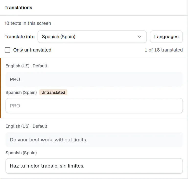 The Translations tab with Spanish (Spain) chosen: each text shows its English original above a box for the translation, the second one already translated.