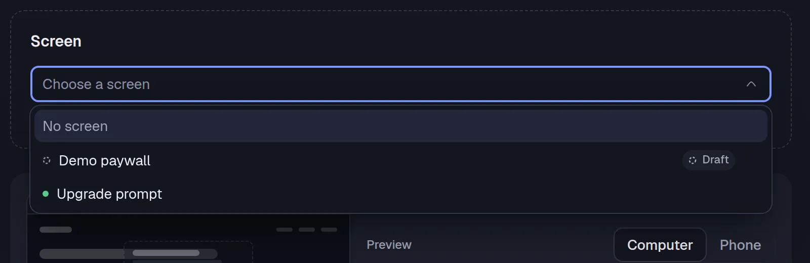 A placement page with a Screen list open, listing No screen and the screens of the project, Demo paywall and Upgrade prompt.