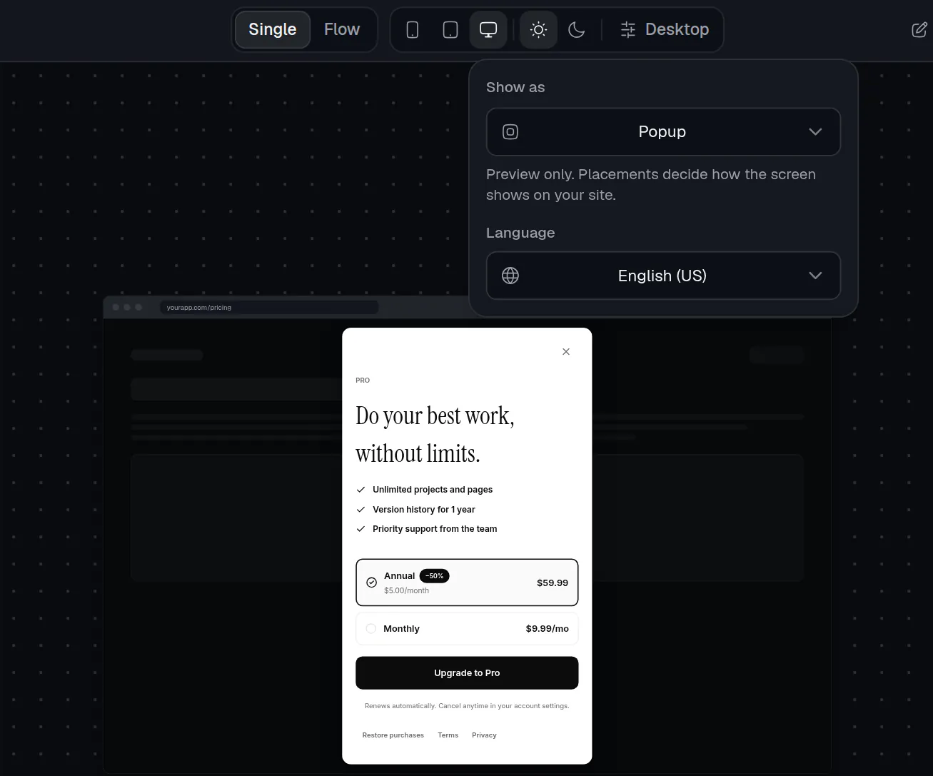 The preview controls with Desktop chosen and the Preview options box open on Show as Popup, over a browser window with the screen as a popup.