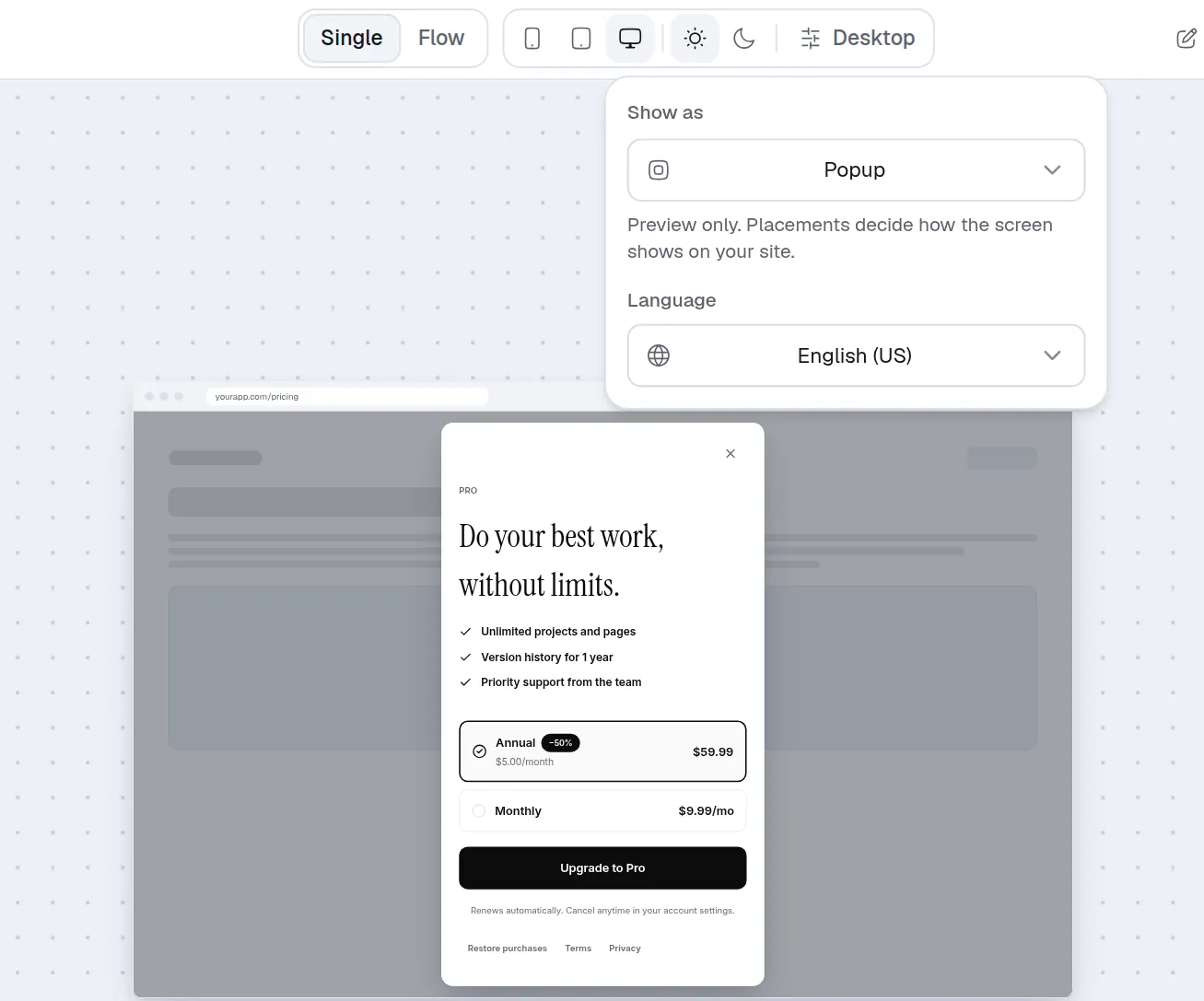 The preview controls with Desktop chosen and the Preview options box open on Show as Popup, over a browser window with the screen as a popup.