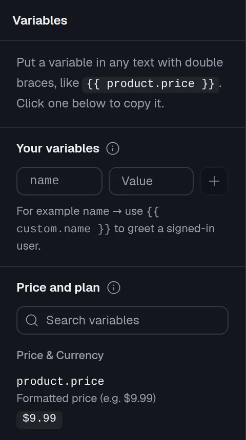 The Variables tab: a form for your own variables, then the Price and plan list with a search box and the first variable, product.price, with its example value $9.99.