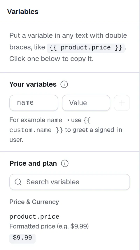 The Variables tab: a form for your own variables, then the Price and plan list with a search box and the first variable, product.price, with its example value $9.99.