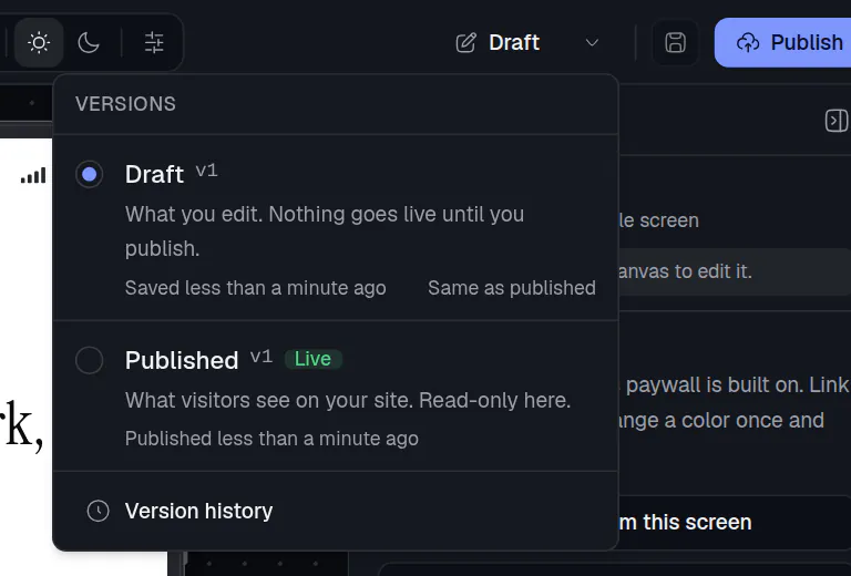 The Versions menu open, with a Draft row, a Published row marked Live, and a Version history button below.