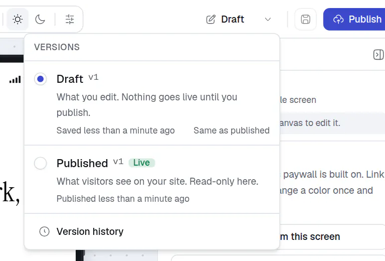 The Versions menu open, with a Draft row, a Published row marked Live, and a Version history button below.